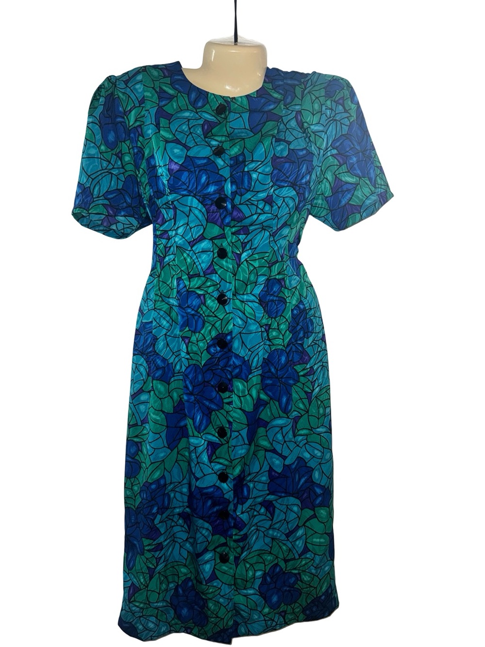 Beautiful Vintage Papell Boutique Blue & Teal Floral Button-Front Midi Dress